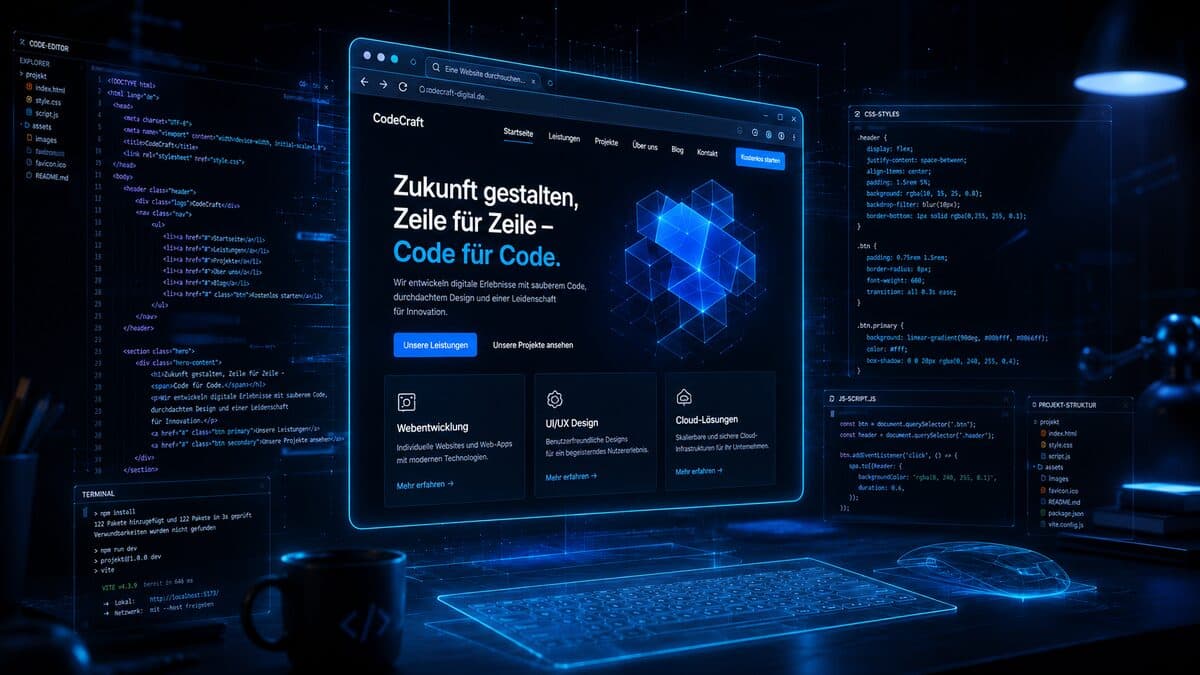 Illustration: Website-Entwurf auf einem Bildschirm, umgeben von Code